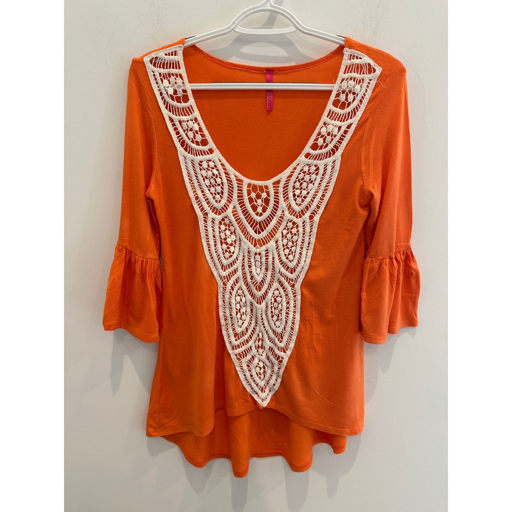 Slayvance Orange Crochet Lace V-Neck Ruffle Bell Sleeve High Low Tunic Top